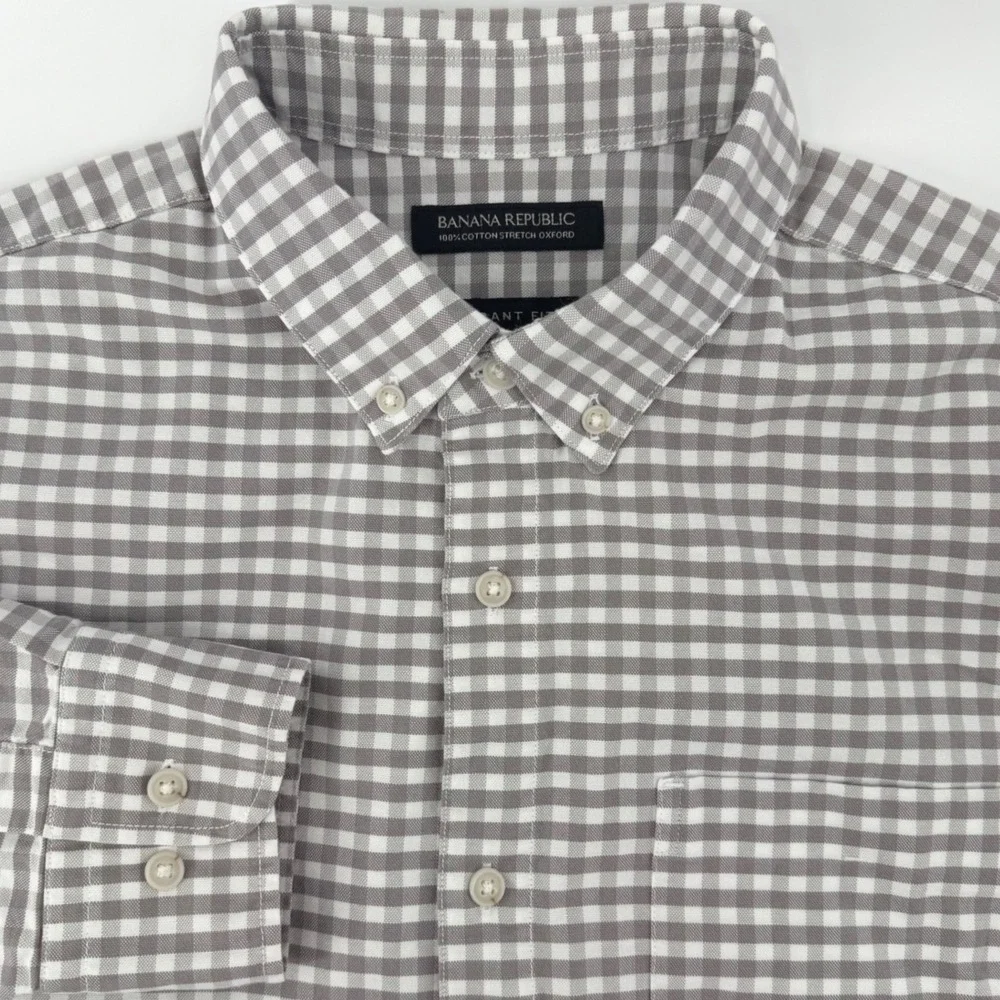Banana Republic Mens Grant Fit Gingham Stretch Oxford Shirt Grey White Medium